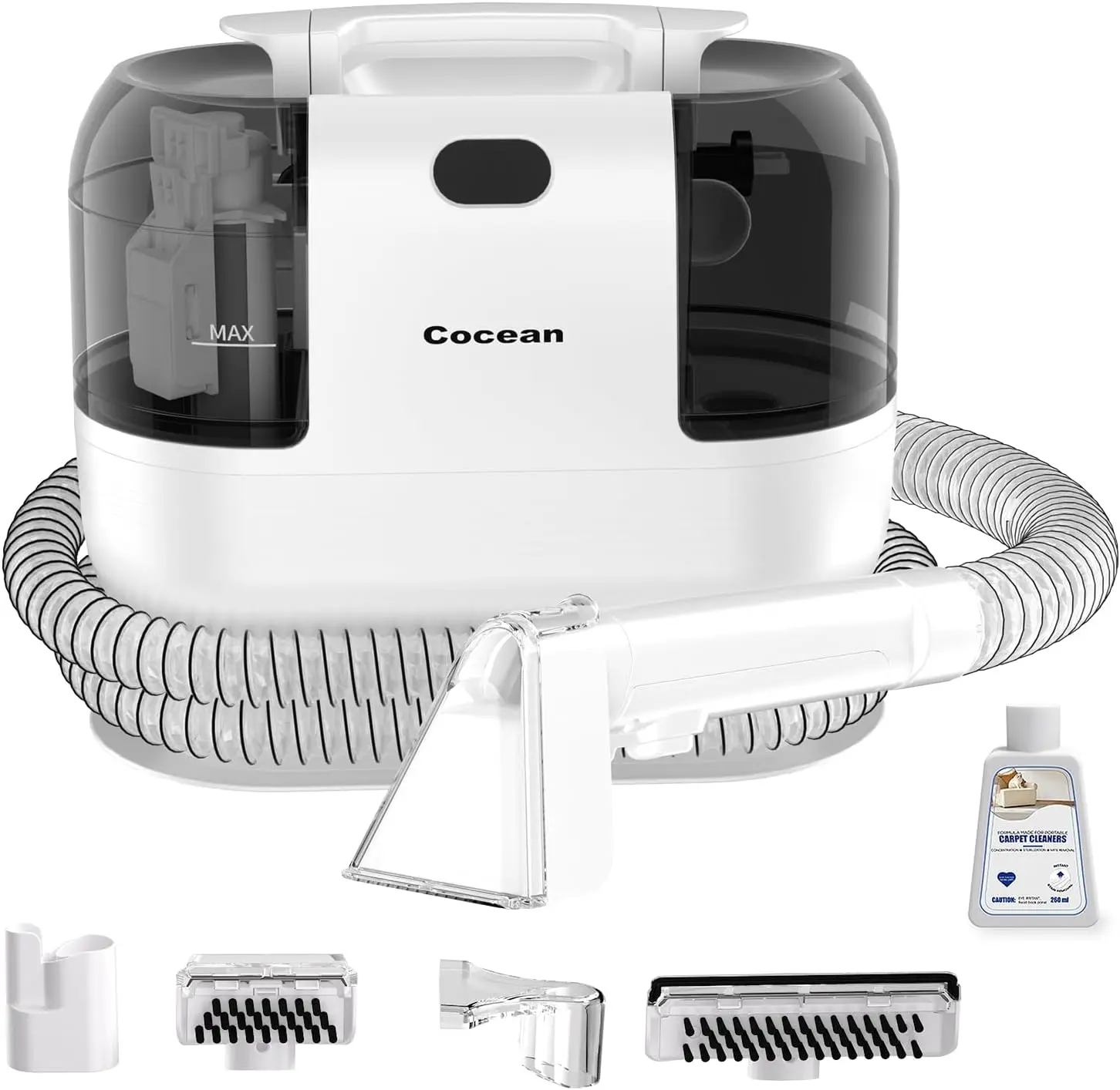 

Портативный очиститель ковров и обивки с 4 инструментами, шампунь на 260 мл, мощное всасывание для пятен домашних животных