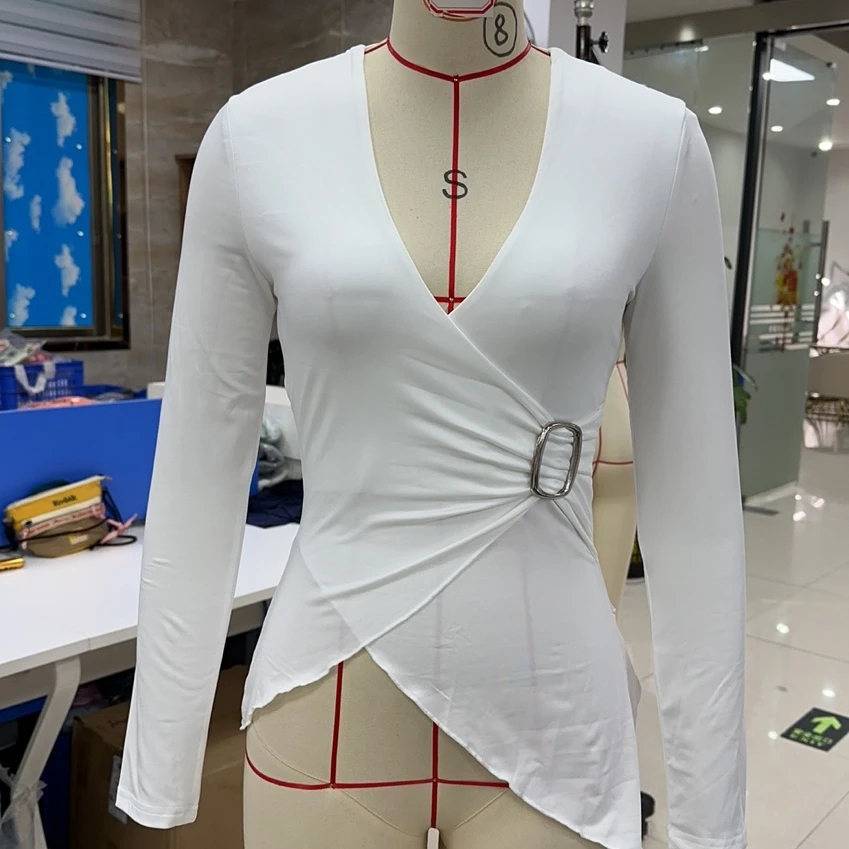 Ladies Long Sleeve Deep V-neck Wrap Top Cross Slim Fit Soild Color Metal Fashionable Casual Wear