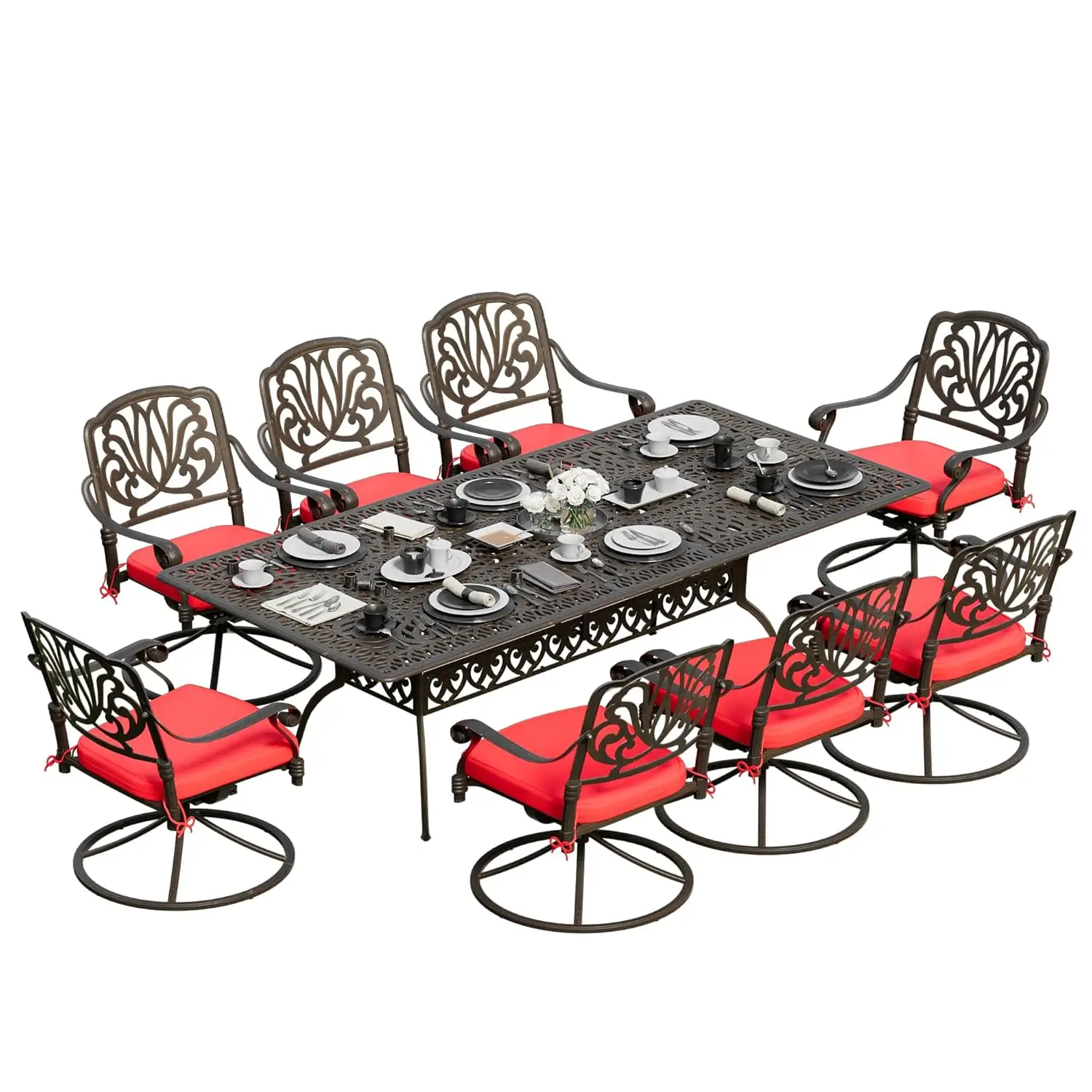 

9 Piece Cast Aluminum Patio Bistro Set 86.6"x59" Table 8 Swivel Chairs Umbrella Hole Outdoor Furniture, Customized