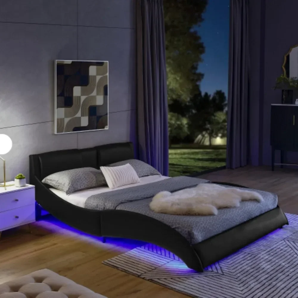 Queen Bed Frame with RGB LED Lights and Headboard Wave Like Curve Bed Frame, Wood Slats Support, Easy Assembly, Led Bed Frame