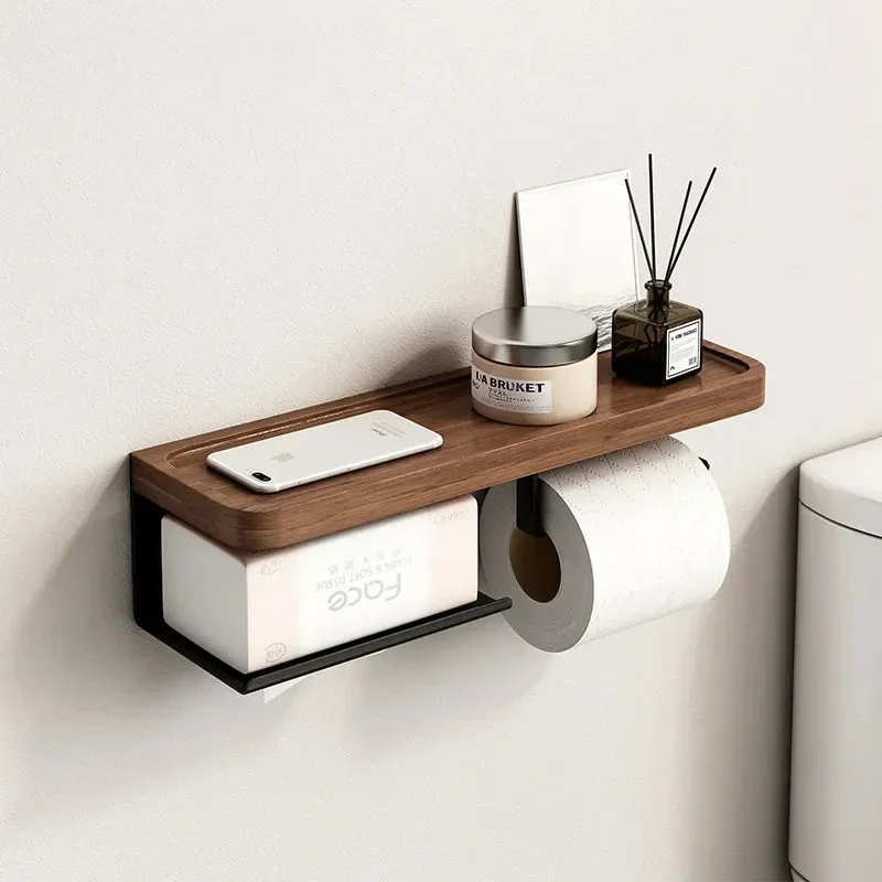 

Toilet Paper Holder with Black Walnut Shelf for Bathroom Wall Mounted Toilet Paper Tissue Holder Black Phone Rack Double Roll