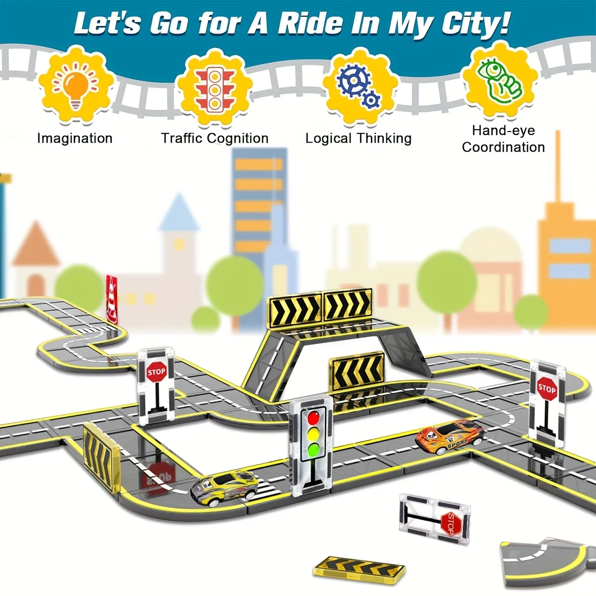 ของเล่นบล็อกแม่เหล็ก - รางถนนแม่เหล็กพร้อมรถ, ของเล่นเสริมสร้างทักษะ STEM สำหรับการสร้างสรรค์