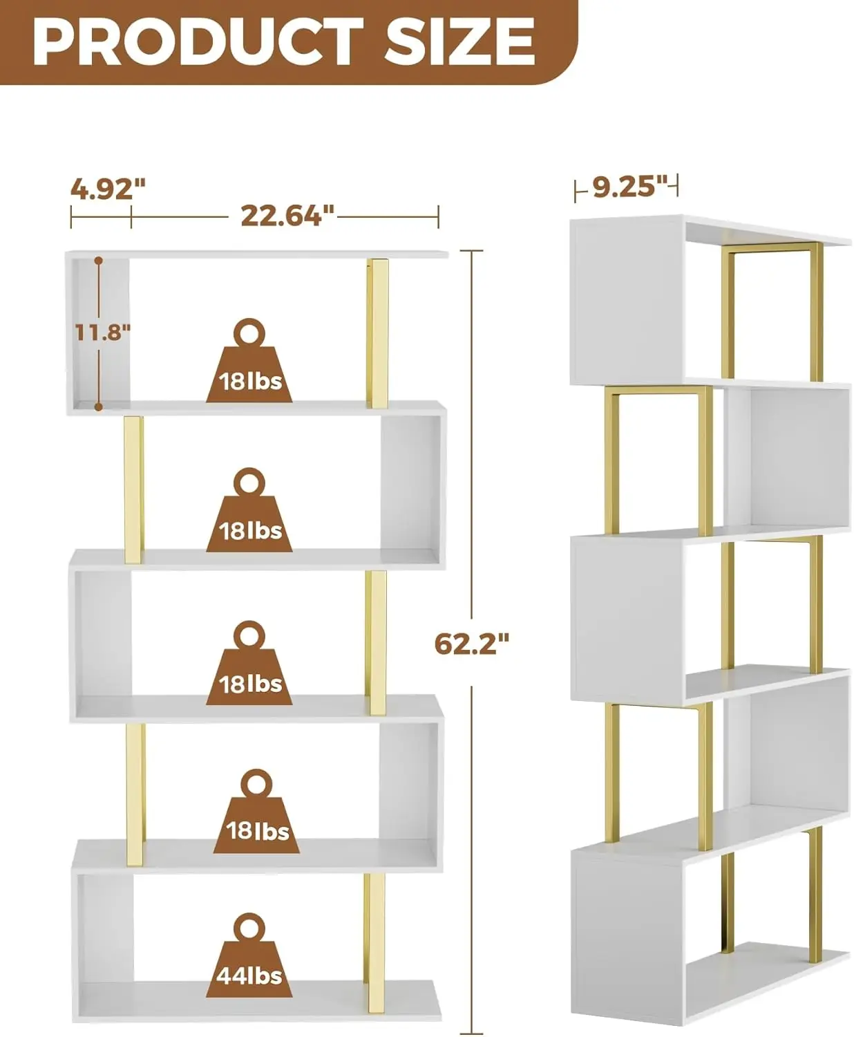 Gadroad 5 Tier Geometric Bookcase,S Shaped Bookshelf, Wood Decorative Storage Shelving, Modern Freestanding Display Shelves