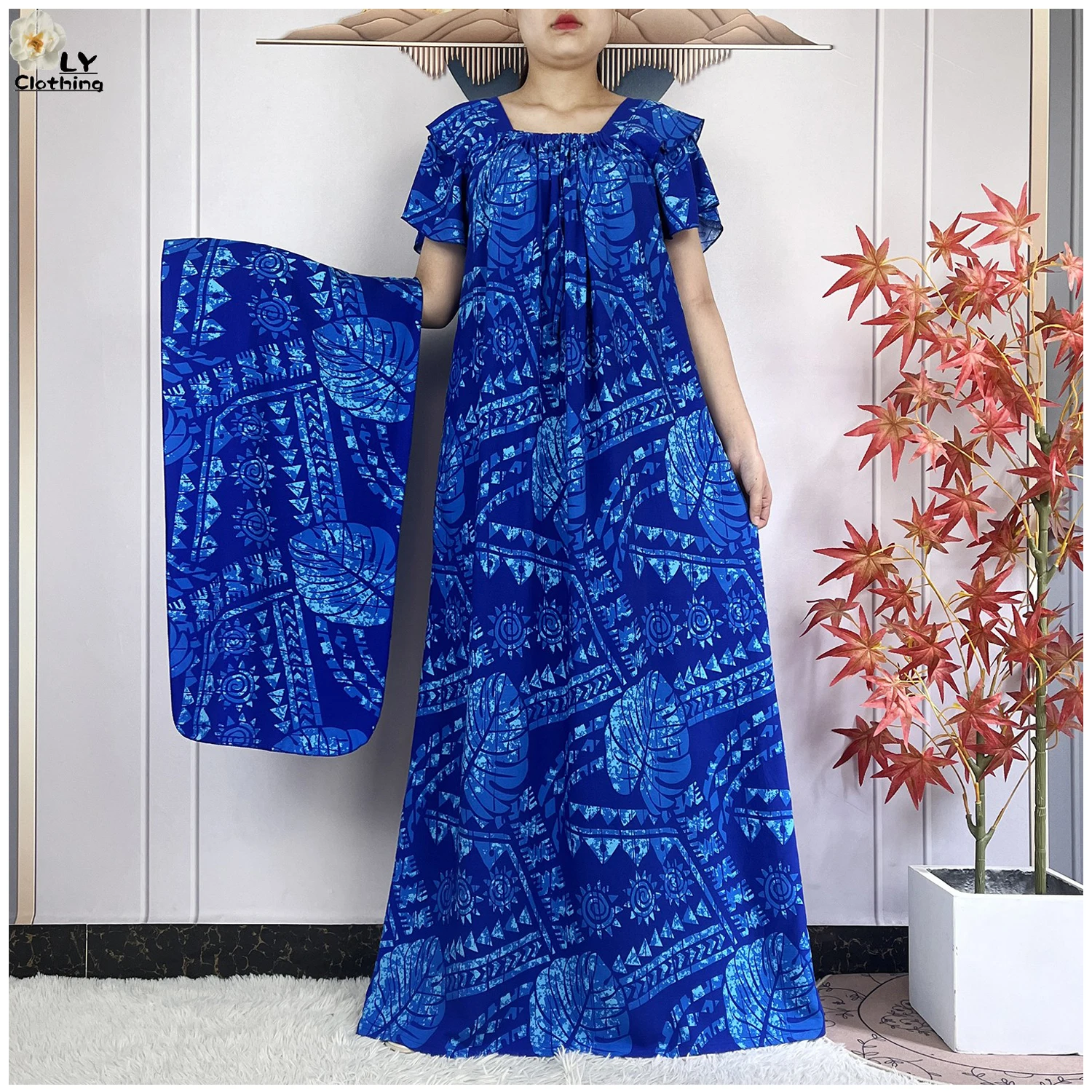 New Summer For Women Short Sleeve African Clothes Cotton Loose Floral Print Party Robe Islam Lady Maxi Long Dress With Headscarf