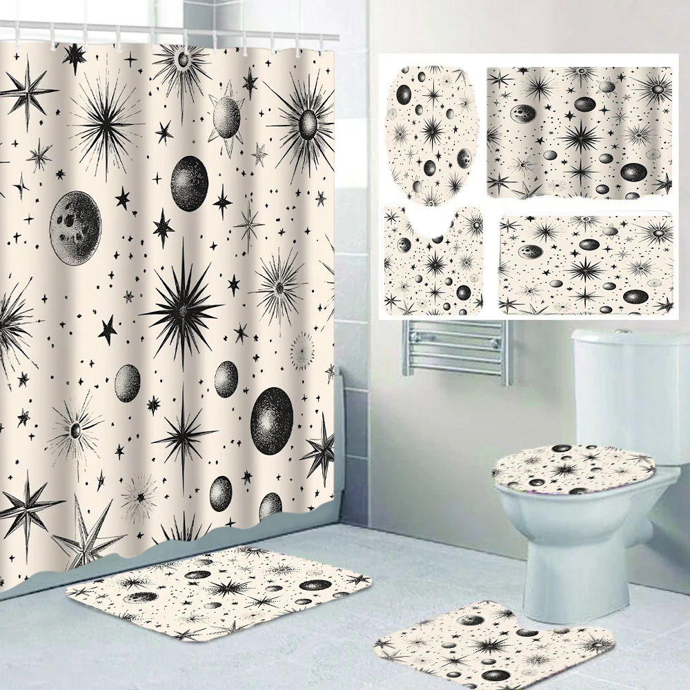 ستائر دش 1/4 ستار بلانيت، ديكور مقعد المرحاض، ستارة دش مع سجادة وغطاء للمرحاض، 70.8 × 70.8 بوصة