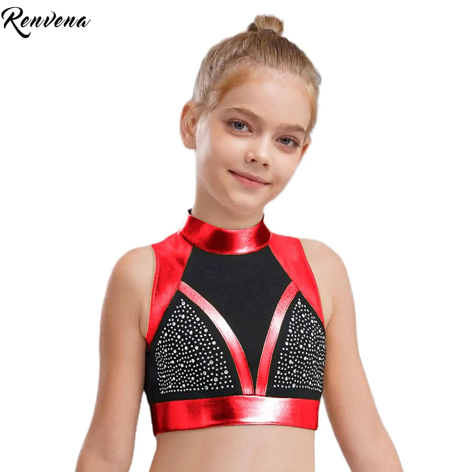 Tops cortos de Ballet y danza con cuello simulado para niñas, disfraz de actuación, Tops de gimnasia sin mangas con recortes en la espalda, bloque de Color con diamantes de imitación