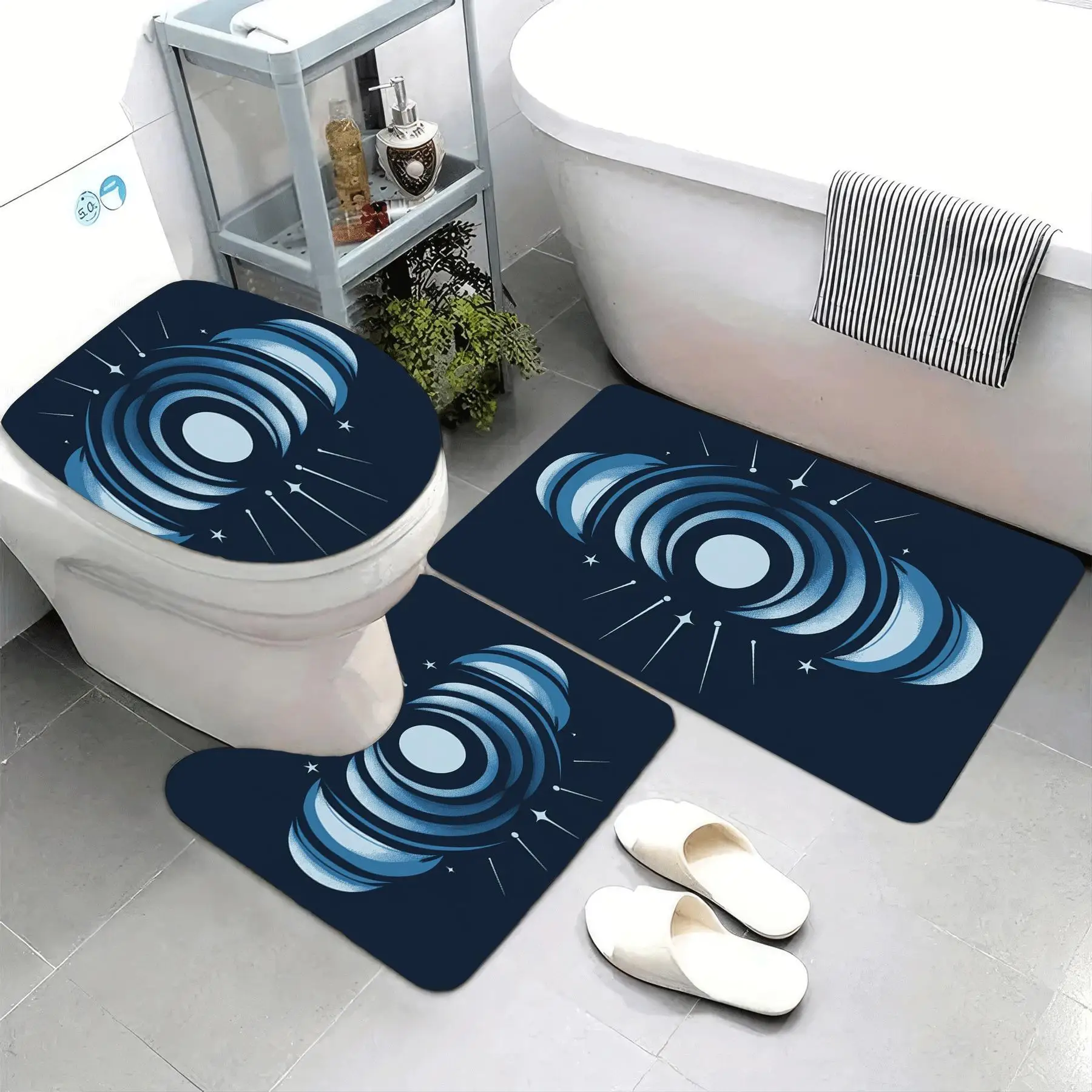 

3pcs Super Soft Bathroom Floor Mats Set, Absorbent, with Non-slip Backing, Geometric Lines And Shapes In Midnight Blue Print
