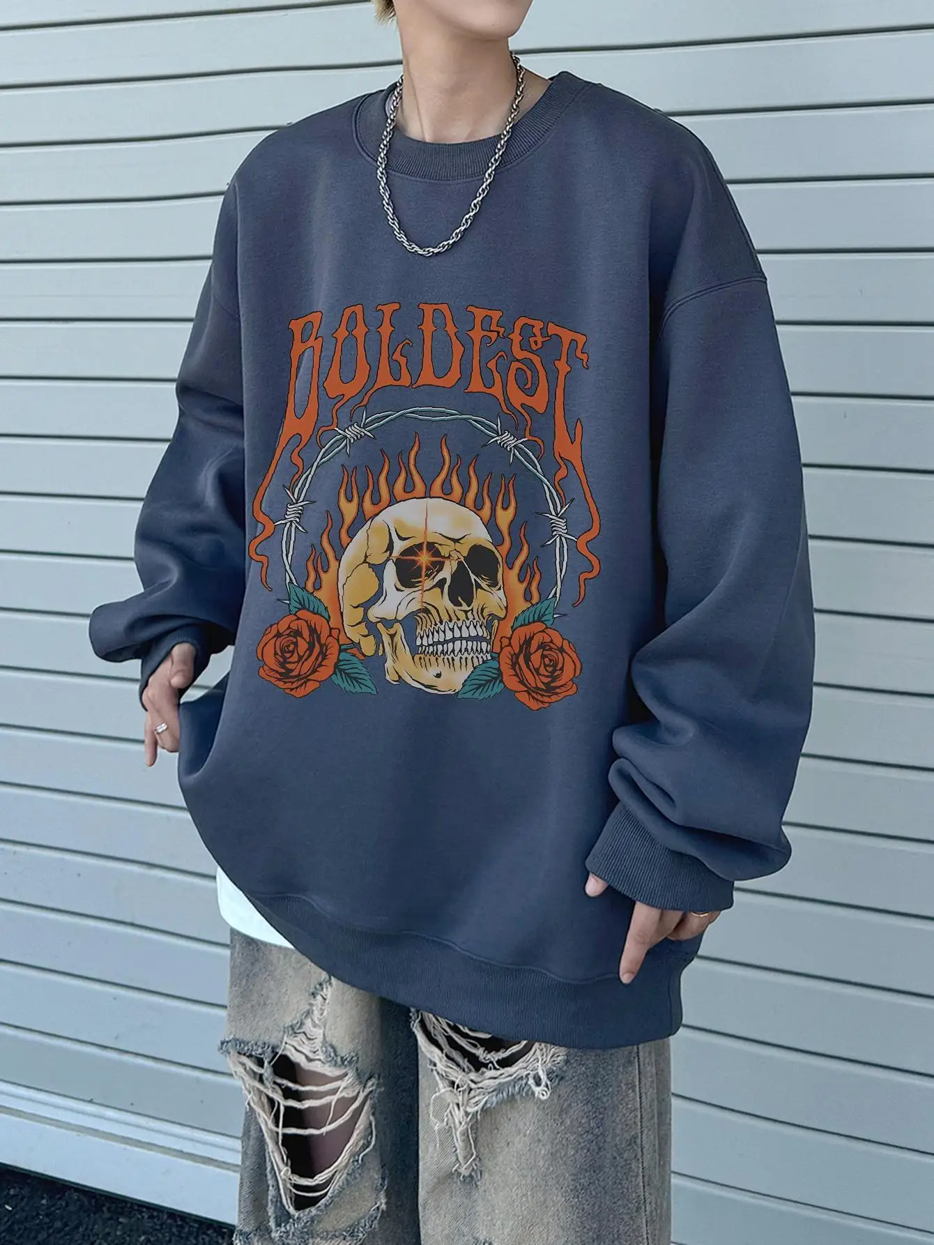 Harajuku Fire Skull Print Sweatshirts For Man Hip Hop Y2k Unisex Clothing Drop Shoulder Hoody High Street Male Pullovers Autumn