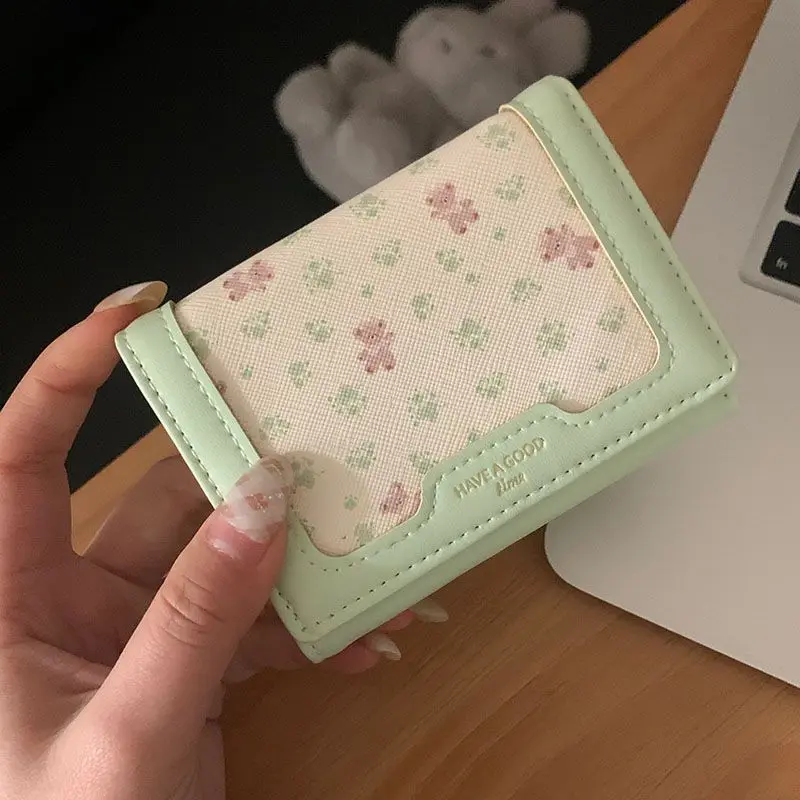 New Floral Bear Wallet Sweet Korean Style Mini Card Holder Portable Coin Purse Cute Gift for Women Students Accessories