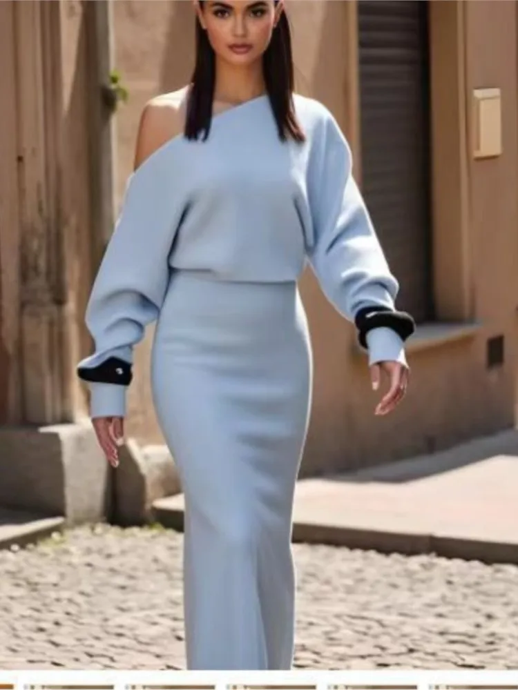 Elegant Solid Waist Cinching Dress Female Fashion Slanted Collar High Waist Dresses Ladies Foreign Style Long Sleeves Vestidos