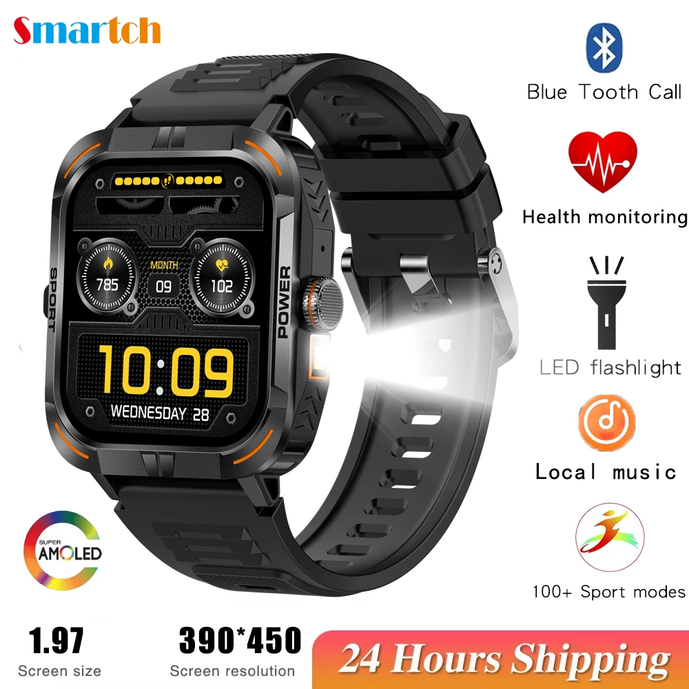 

Outdoor Flashlight Sport Smart Watch AMOLED Screen Music Playing Blue Tooth call Waterproof Health Smartwatch Compass Calculator