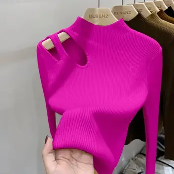 Hollow-out Turtleneck Knitted Women Sweater Ribbed Pullovers Autumn Winter Basic Women…