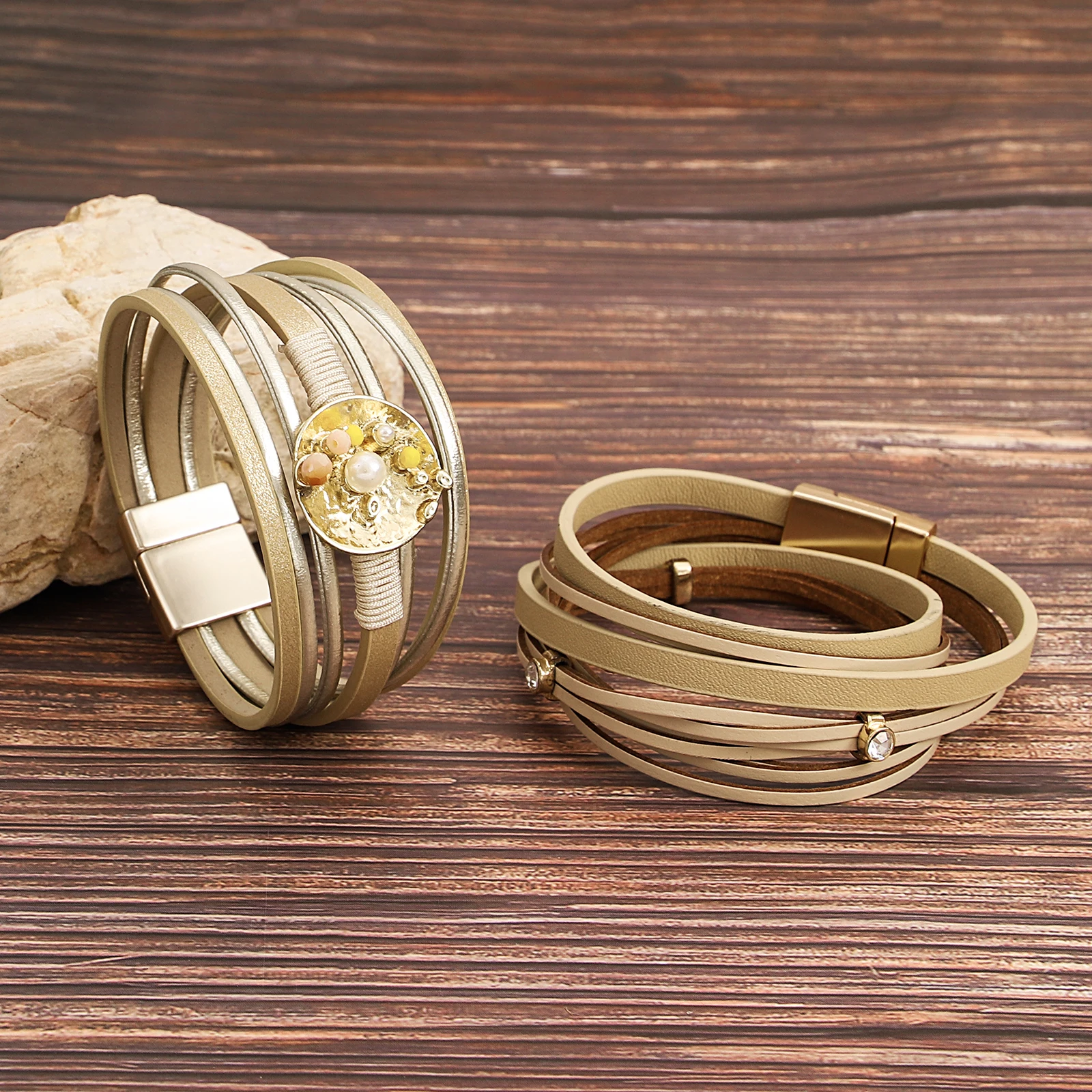 

Amorcome Retro Multilayer Leather Bracelet for Women Bohemian Hand-woven Beads Charm Bracelets Men's Leather Bangle Jewelry Gift