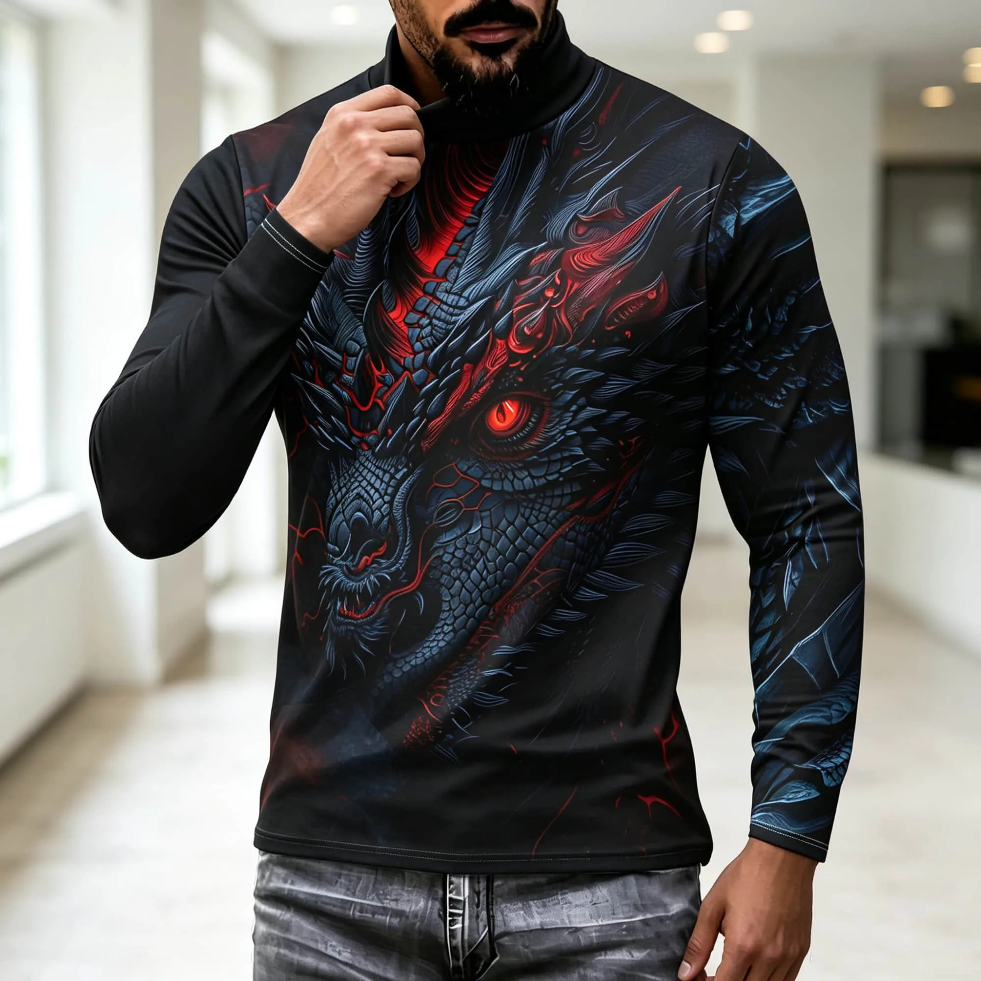 Men 3D Dragon Scale Pattern Mock Neck Long Sleeve Tee Vintage Dark Mythical Creature Print Casual Daily Party Top