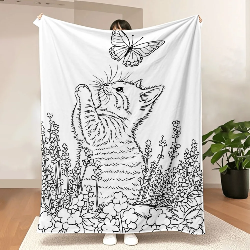 1PC blanket with kitten and butterfly designs, doodle your own colors. Great for travel, camping, living rooms, offices, sofas,