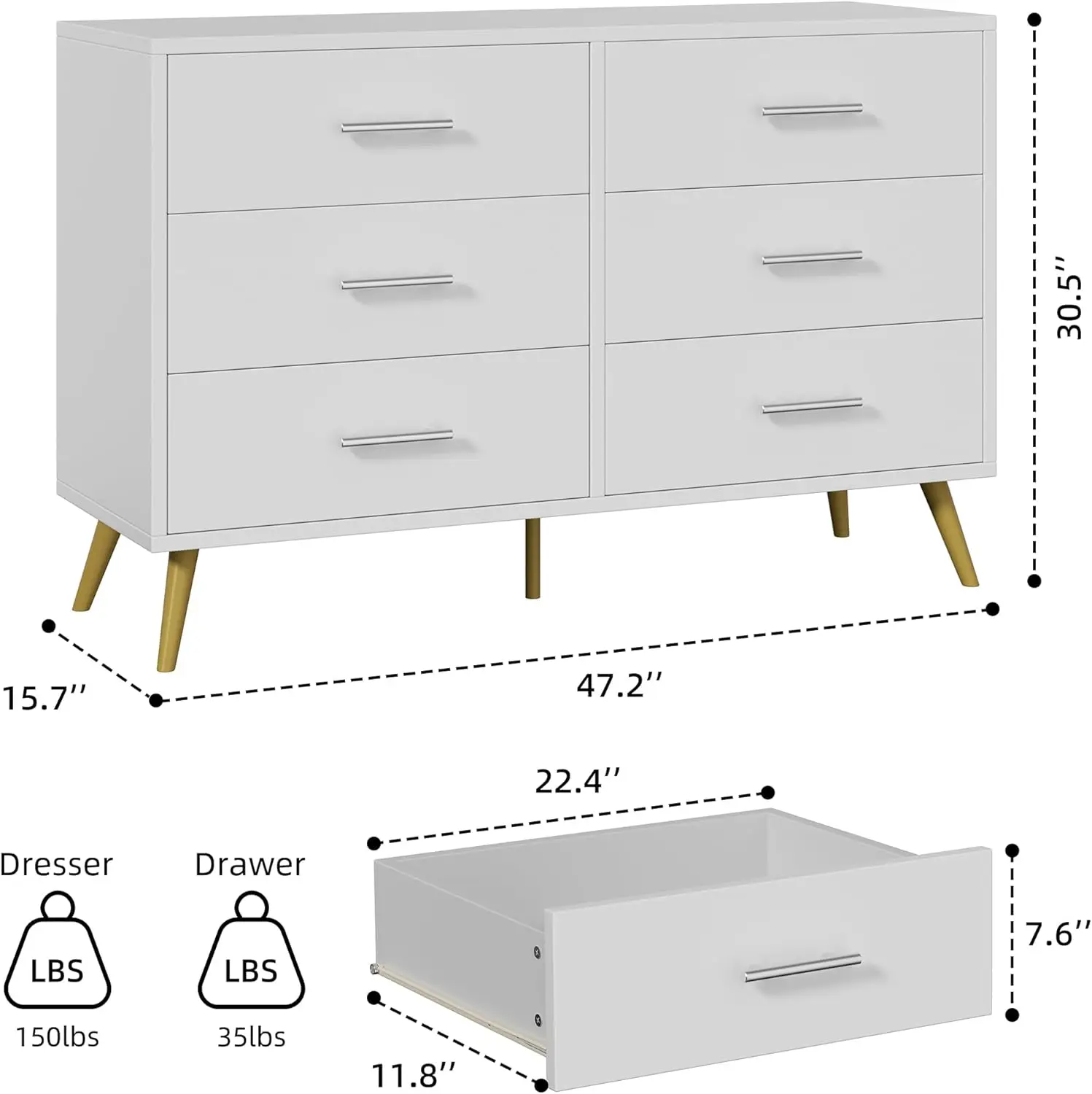 6 Drawer Dresser, Wide Chest of Drawers Organizer Storage with Drawers, Large Storage Cabinet, Modern Design Dresser for Bedroom