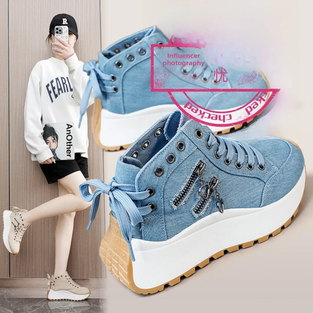 

Повседневные высокие кеды из канваса для женщин, универсальные, для студентов, весенне-осенние, для отдыха и спорта, с круглым носком, синие