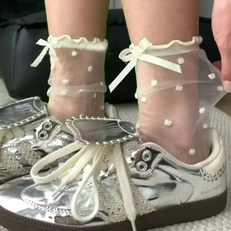 Ultra-thin Bow ถุงเท้าคริสตัลผ้าไหมถุงเท้ายาวสําหรับสาวผู้หญิงญี่ปุ่นสไตล์หวานฤดูร้อนลูกไม้กลางถุงน่องหลอด