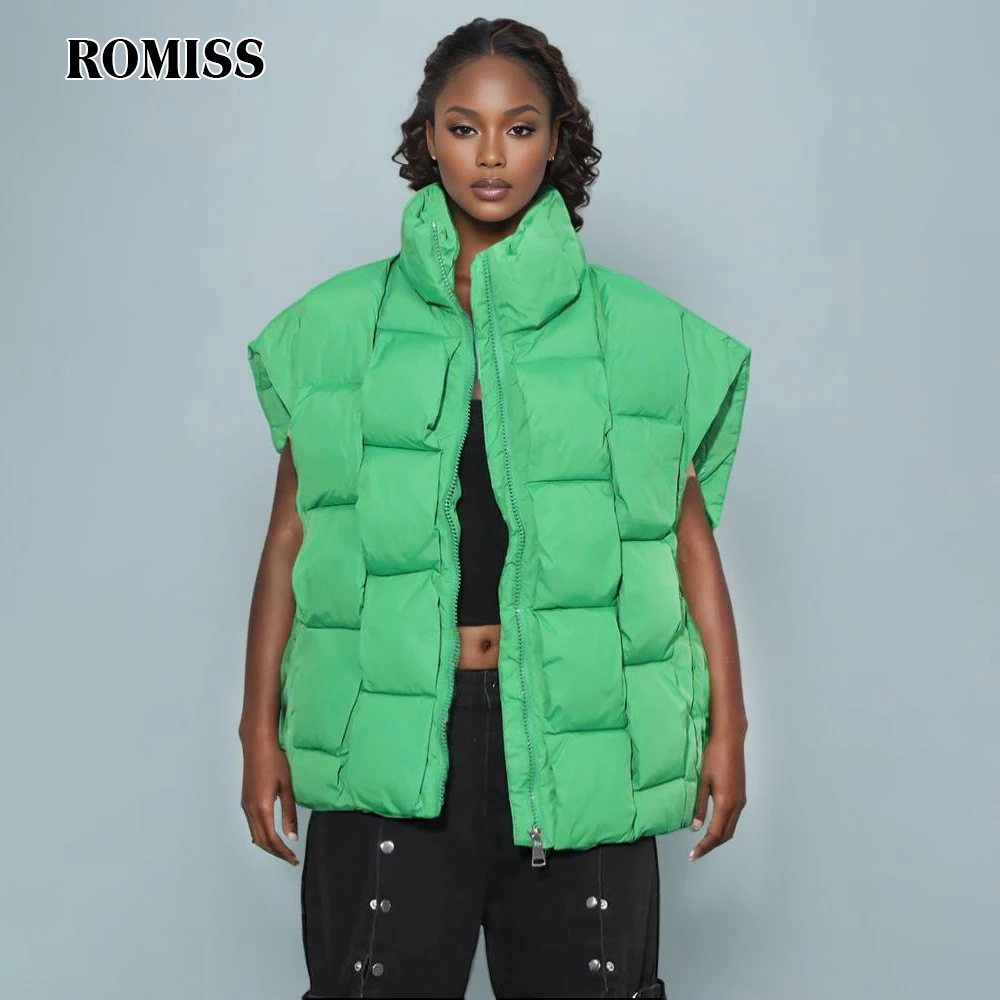 ROMISS Solid Loose Coats For Women Stand Collar Sleeveless Patchwork Zipper Minimalist Plaid Vests Female Fashion Style New