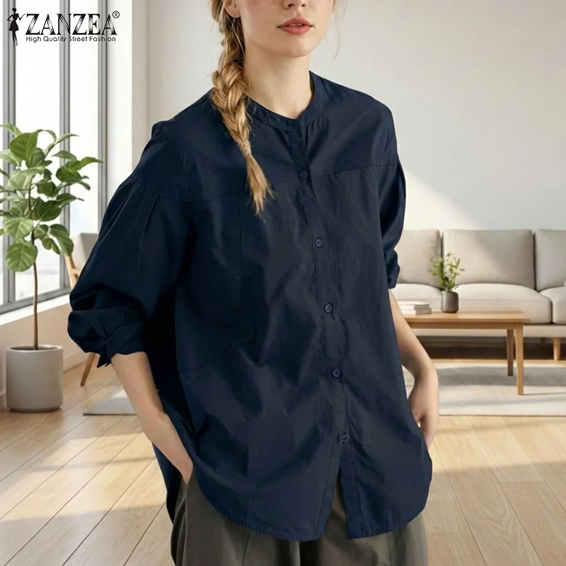ZANZEA élégant décontracté col rond à manches longues chemises de bureau femmes automne chemise printemps solide bouton hauts femme élégante OL travail Blouse