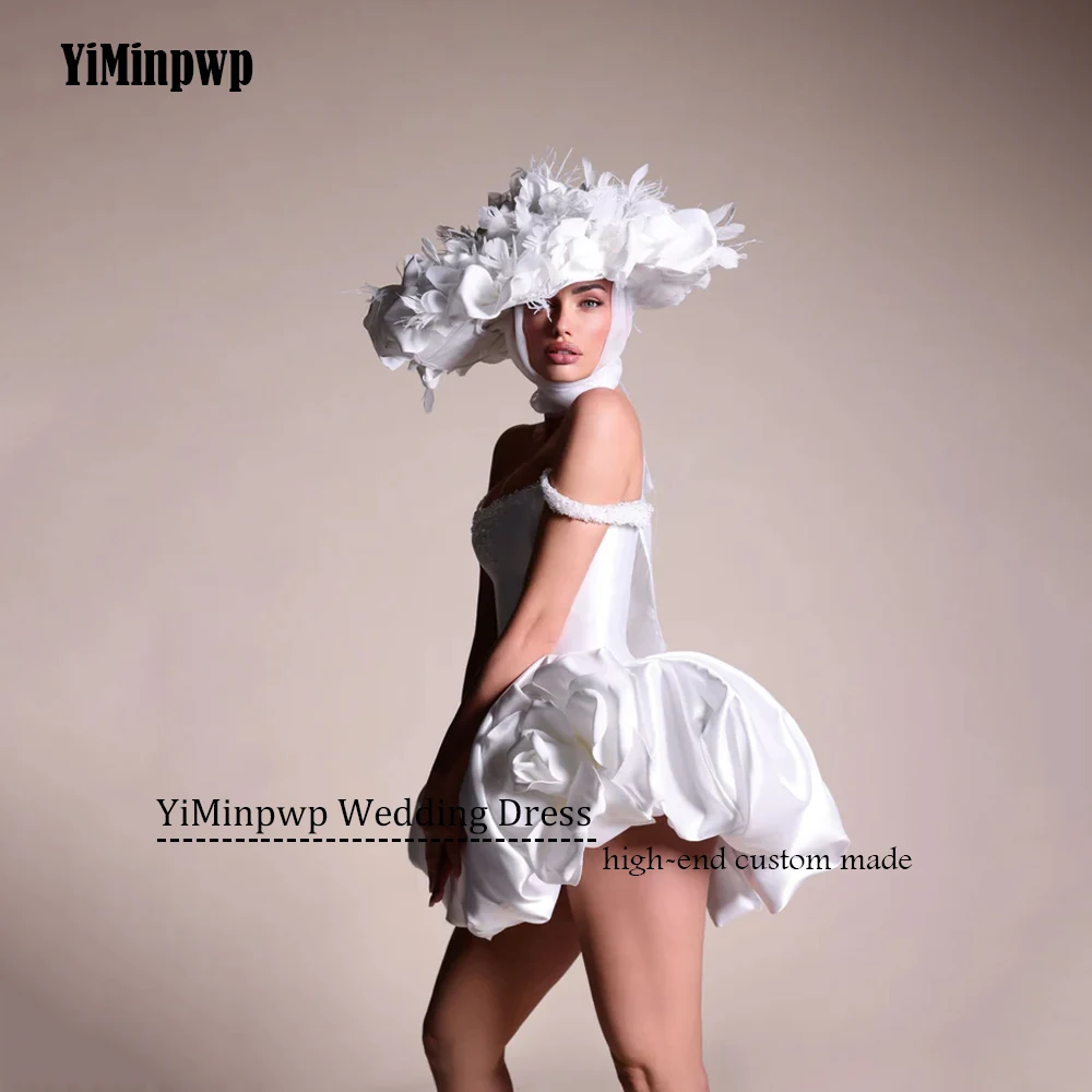 Bloemen Satijn Kralen Trouwjurken Off Schouder A-lijn Mini Bruidsjurken Voor Vrouwen Aangepaste Boven De Knie Robe De Mariée 2025