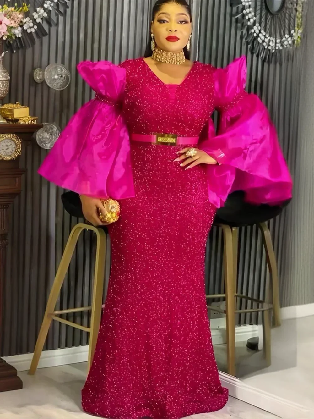 Plus Size African Party Dresses for Women Dashiki Sequin Sexy Bodycon Long Dress Elegant Turkey Muslim Wedding Evening Gown