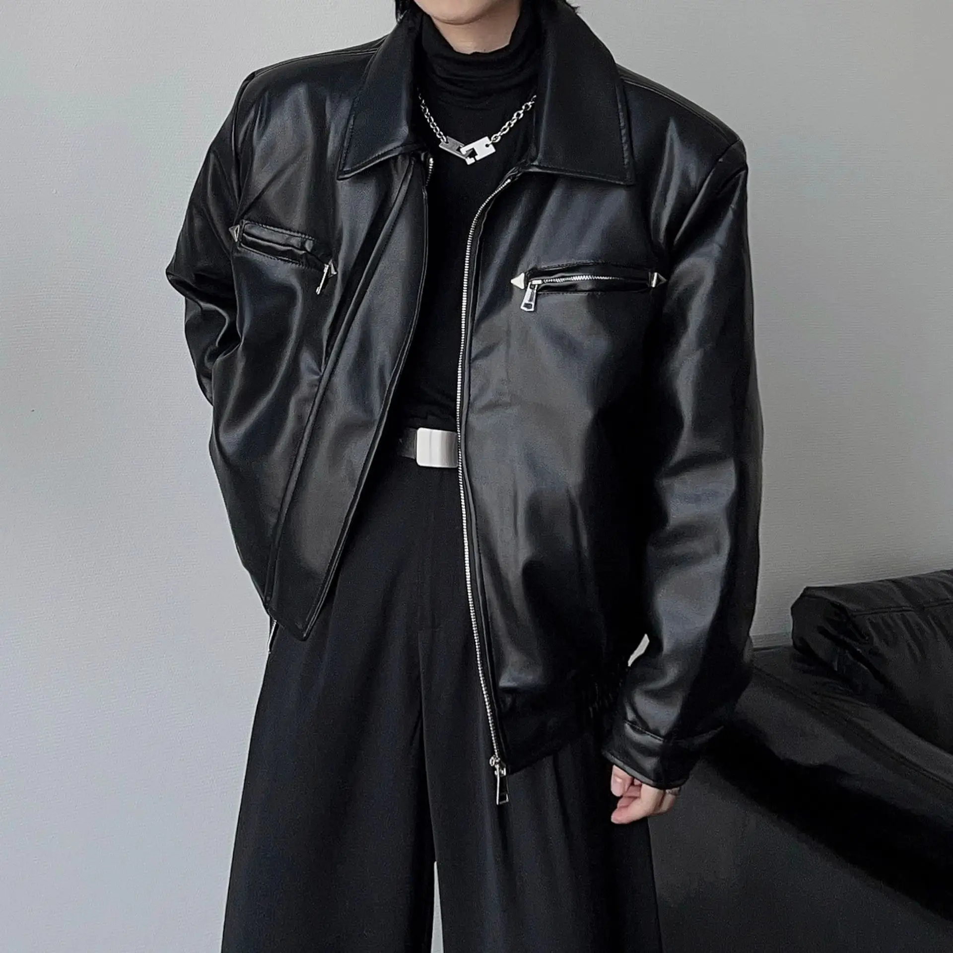 

American Style PU Leather Jacket Men Autumn Winter British Style England Casual Fashion Workwear Slim Fit Motorcycle Coat Y2k