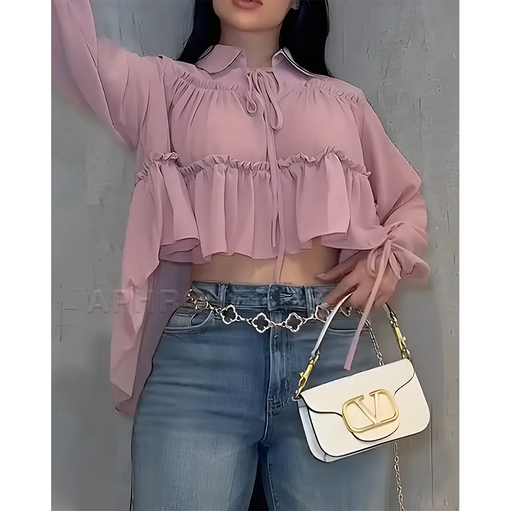 Women's Flowy Chiffon Shirt Long Sleeve Ruffle Detail Loose Fit Blouse Casual Everyday Tops for Women  Spring Autumn