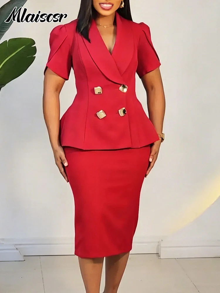 

Mlaiscsr Red 2-Piece Business Dress Suit for Women Short Sleeve Peplum Blazer and Midi Pencil Skirt Set Wedding Guest Corporate
