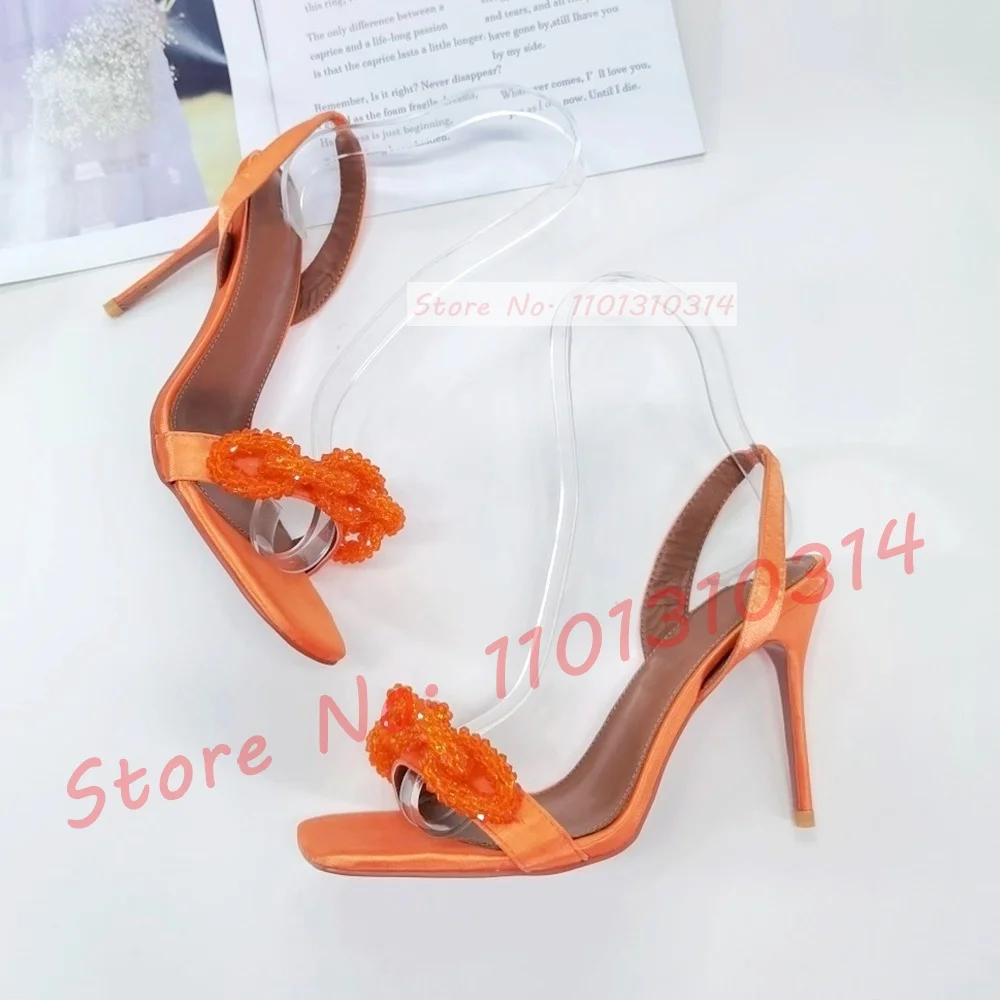 Crystal Chain Slingback Sandals Women Orange Elegant High Heels Luxury Satin Pumps Ladies Casual Party Back Strap Summer Sandals