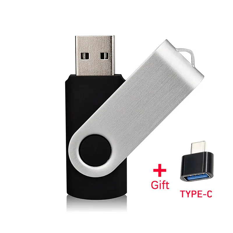 Unidad Flash USB 2,0 giratoria, Pendrive de Metal de 256GB, 128gb, 64GB, 32GB, 16GB, memoria extraíble de 4GB, 8GB, Adaptador tipo C para regalo