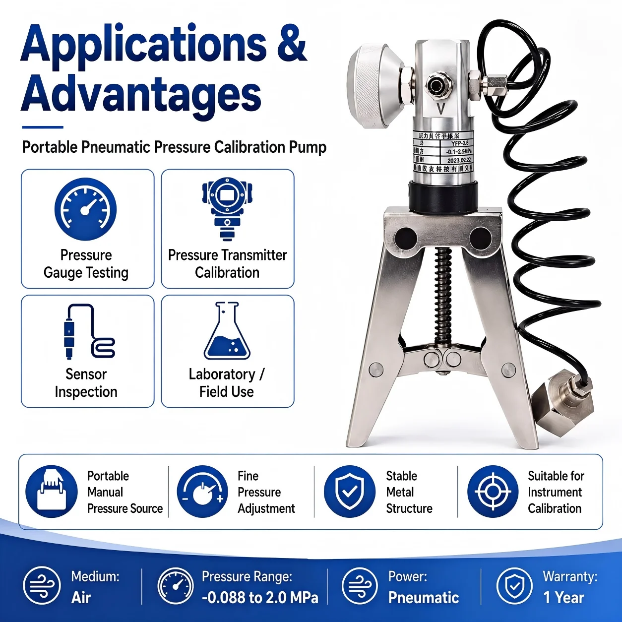 High Accuracy Air Hand Pressure Pump For Lab And On-site Instrument Calibration -0.088 To 2.0MPa