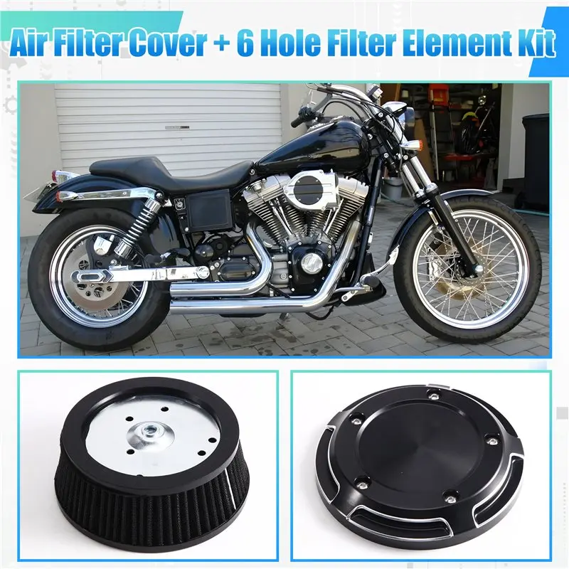 A96E-For Harley Touring Softail Fat Boy FLSTN Dyna 1999-2017 Motorcycle Black Air Cleaner Cover& Black Element Air Filter
