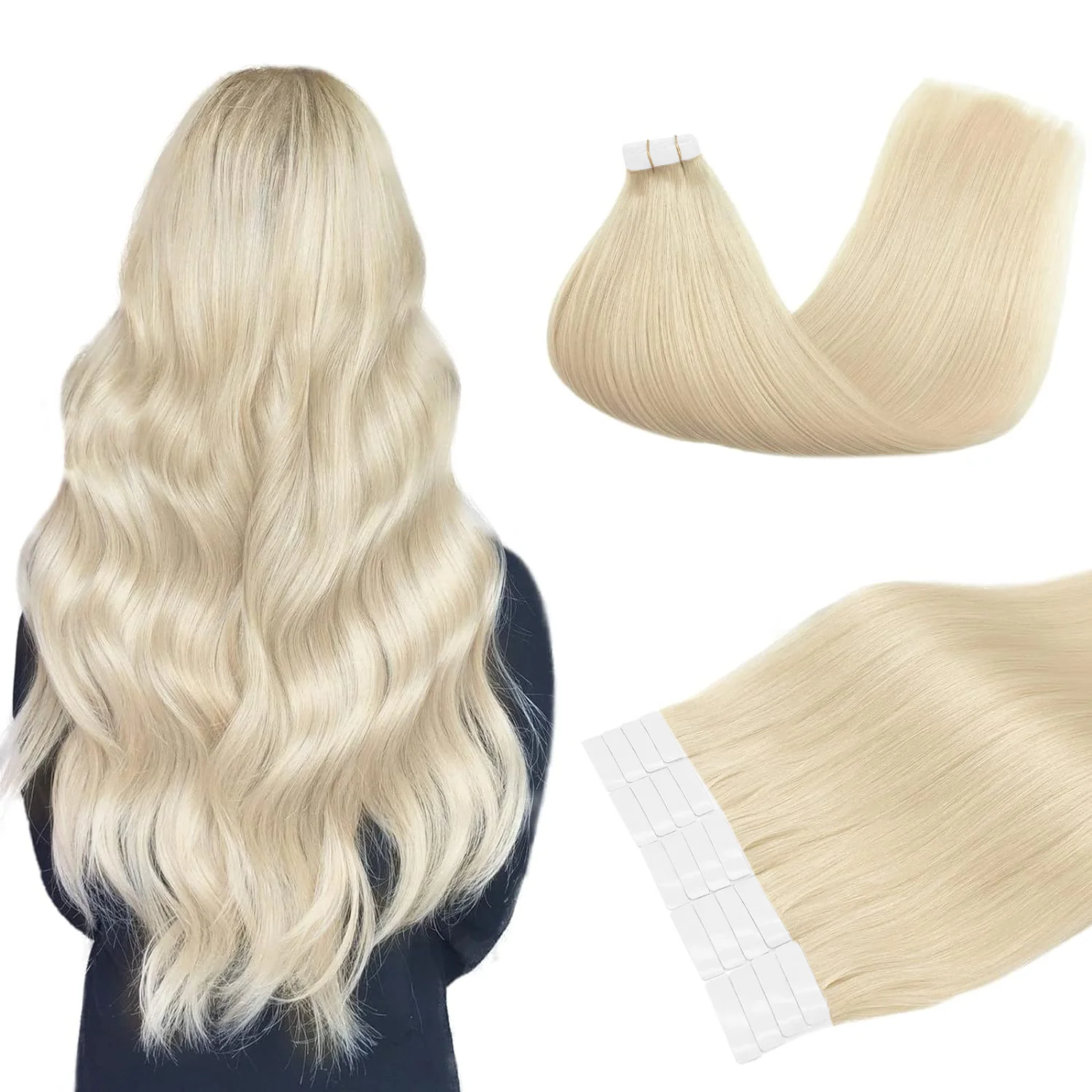 Fita sem emenda invisível natural do plutônio em extensões do cabelo, louro branco 60 da platina, cabelo humano real, cabelo brasileiro