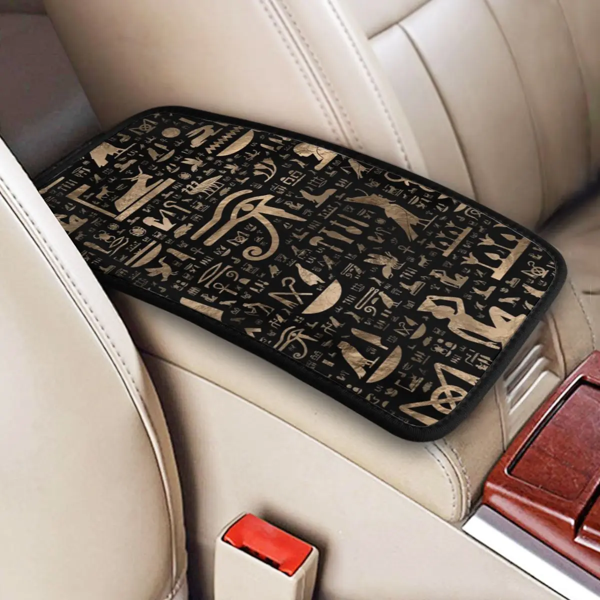 Center Console Cover Pad Universal Ancient Egyptian Hieroglyphs Car Armrest Cover Mat Gold Egypt Deities Storage Box Pad Cushion