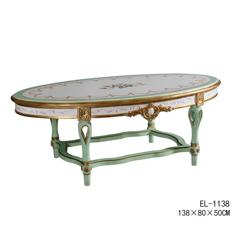 French European green hand-painted oval mahogany coffee table corner villa complete set of furniture