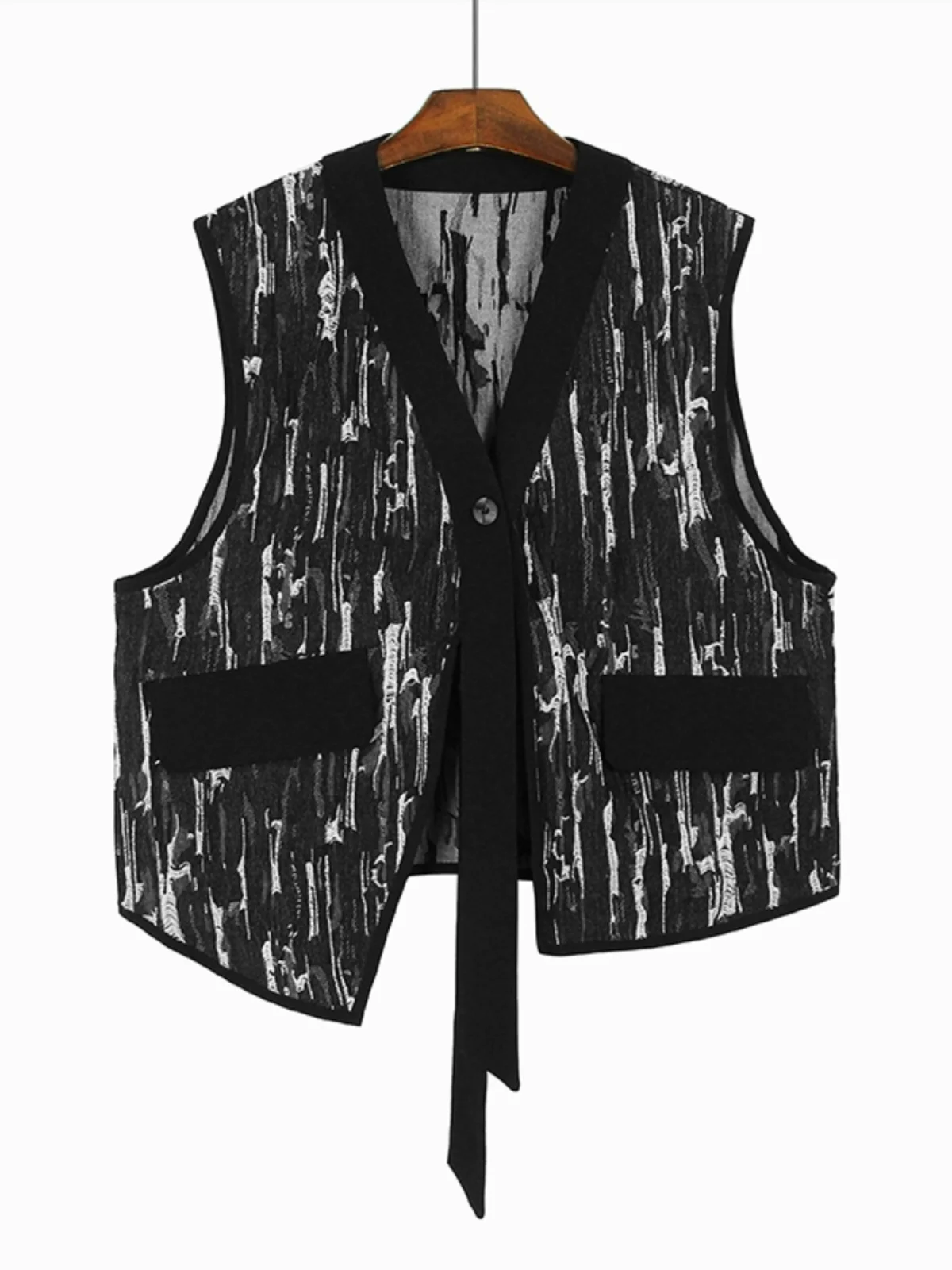 

Street Sle Printed Vest Women's Spring Faion Design Single Button Fake ket Jaet V-Ne Polyester Fiber Casual Top
