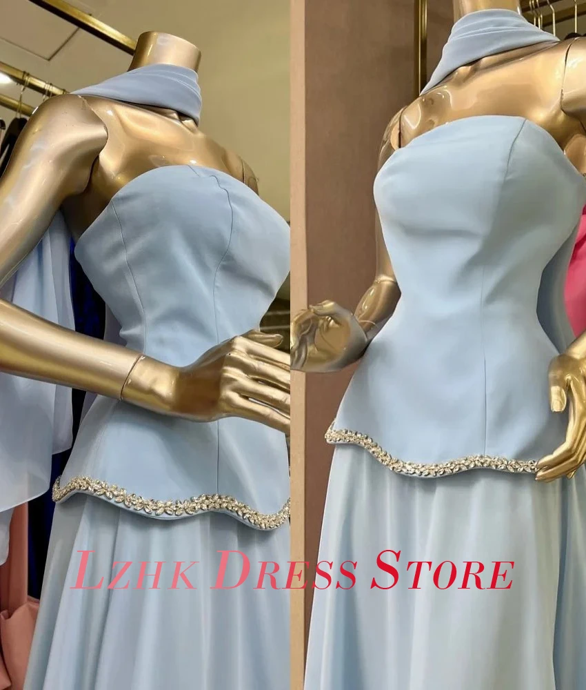 Gaun Malam Pita Kristal A-Line Sifon Anggun Kustom Gaun Prom Tanpa Tali Panjang Selantai Tanpa Lengan Temperamen