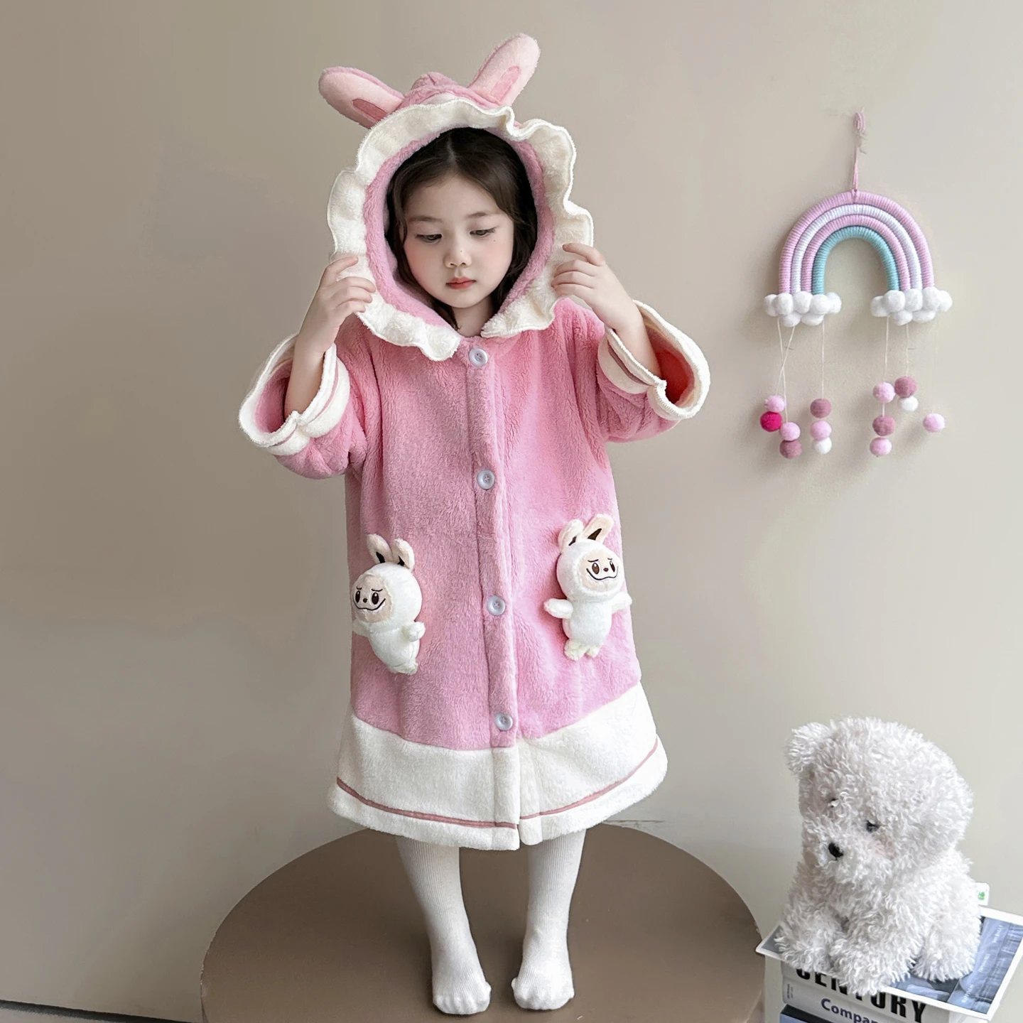 

Халат с капюшоном из кораллового флиса для девочек, плюшевые розовые, фиолетовые пижамы для малышей, осенне-зимняя теплая одежда для сна, домашняя одежда для отдыха