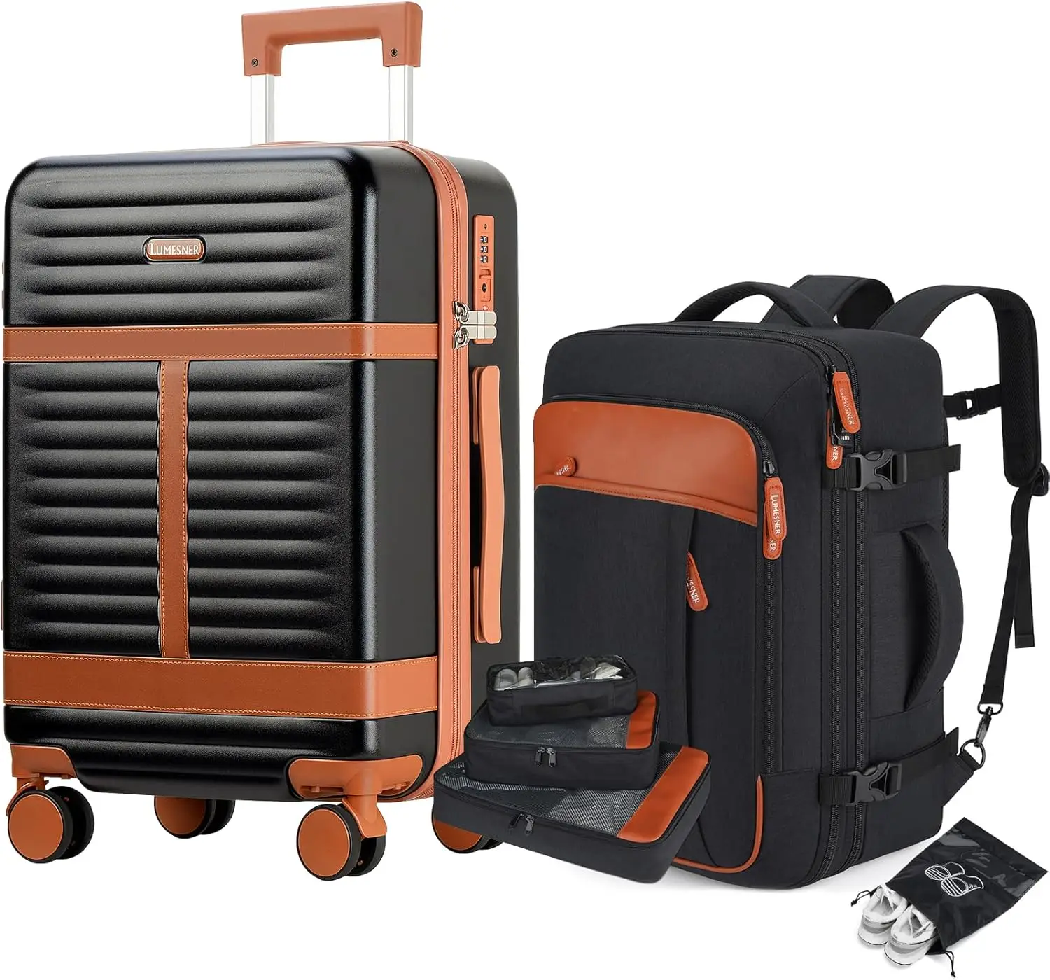 

5-Piece Luggage Set with Travel Backpack, 20" Carry-On Hardside Spinner Suitcase, TSA Lock, Durable PC (Black)