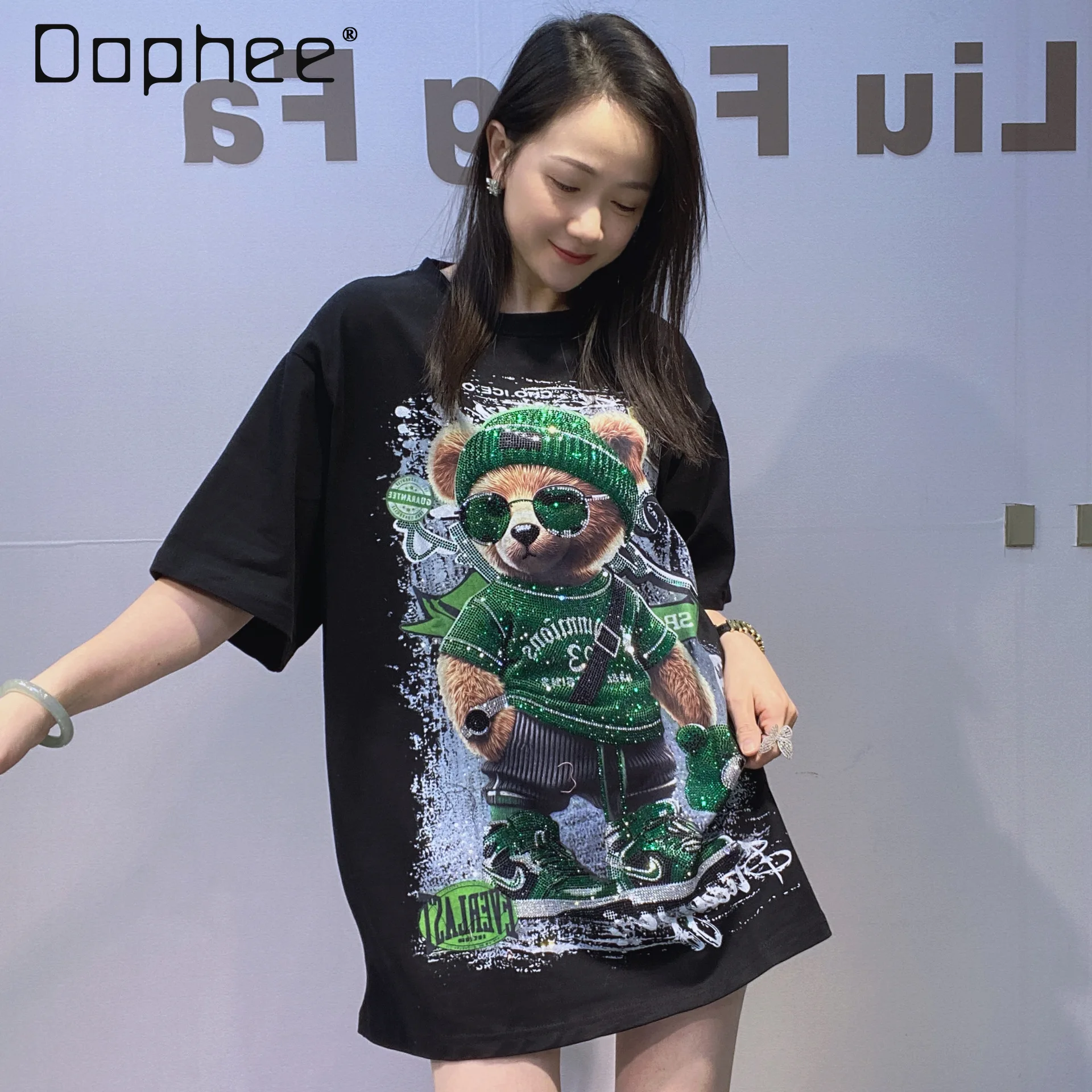 

Winter Thickened Brushed Cotton Black T-Shirt for Women European Style Loose Short Sleeve Top Cartoon Women's Clothing