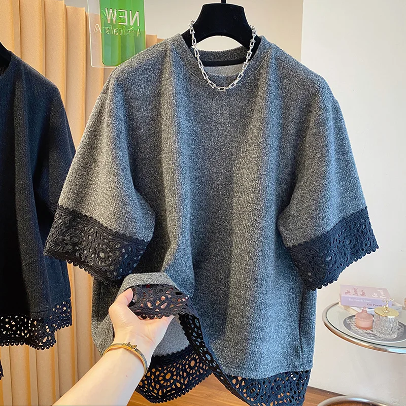 

Tops Women Top Round Neck Short Sleeve Casual Loose Lace Y2k Streetwear Solid Tees Elegant Splice Work Regular 2026 Spring