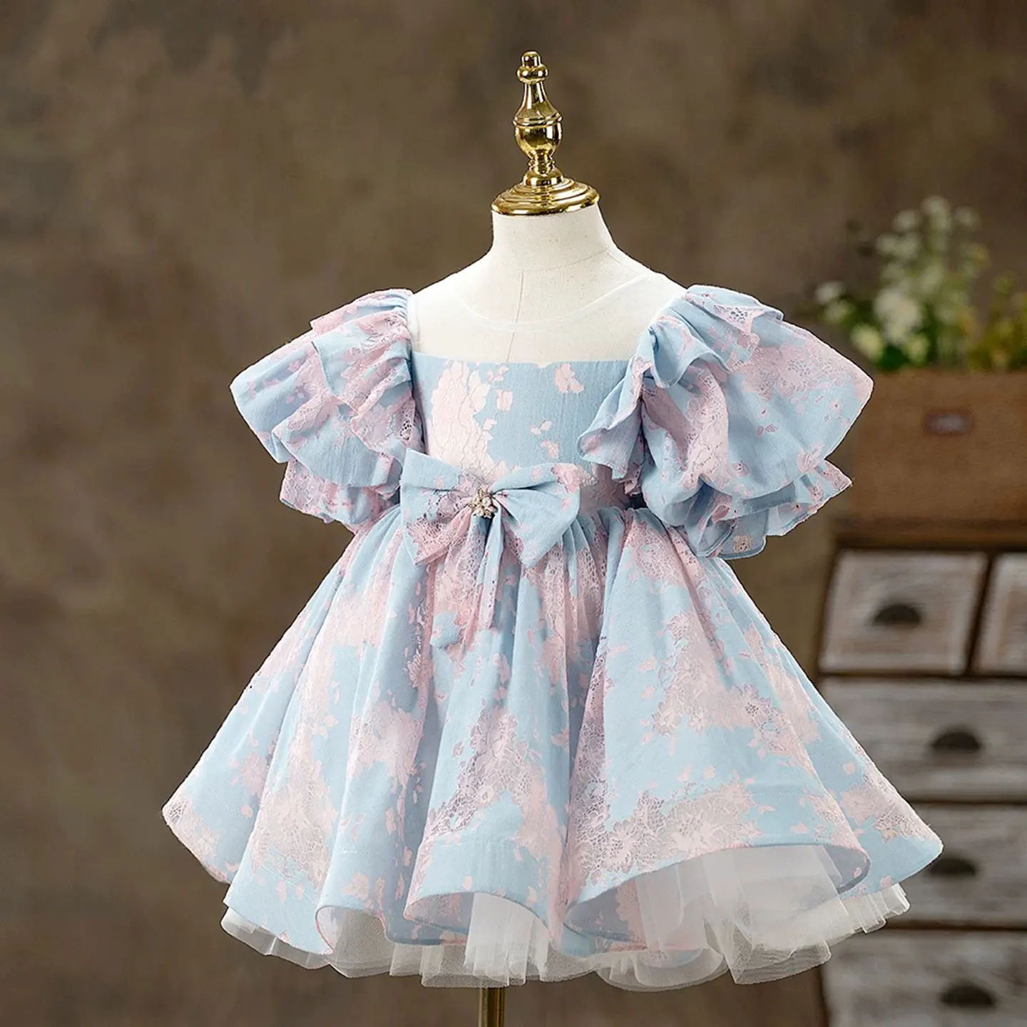 Dreamy Vow Charming Blue & Pink Baby Girl Dress Graceful Bow-adorned Short-Sleeved Kids Party Ball Gown J707