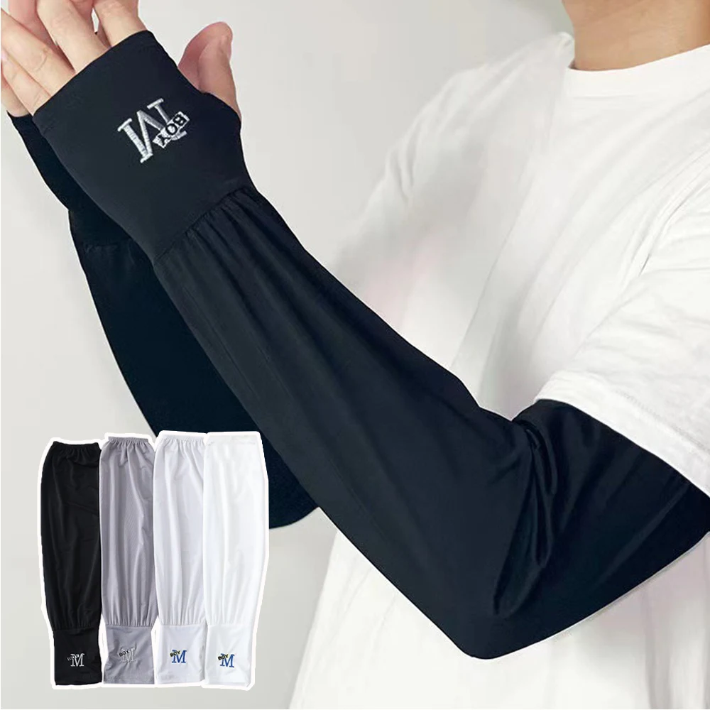 Men'S Ice Silk Sleeve Anti-Sunburn Loose Arm Cover Summer Uv Protection Running Cycling Arm Sleeves Fingerless Gloves For Man