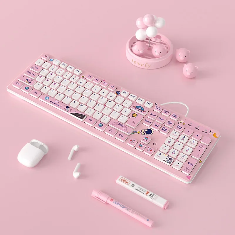 Kawaii Astronaut Wired Keyboard Girl Cute Wind Laptop Office Silent Mute Cartoon Pink Gaming Accessories 104 Key Pc Gamer