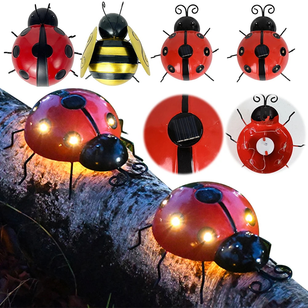 2Pcs Wall Hanging Outdoor Garden Decorative Figurine Waterproof Wall Hanging Ornament Statue Outdoor Hanging Beetle Solar Light