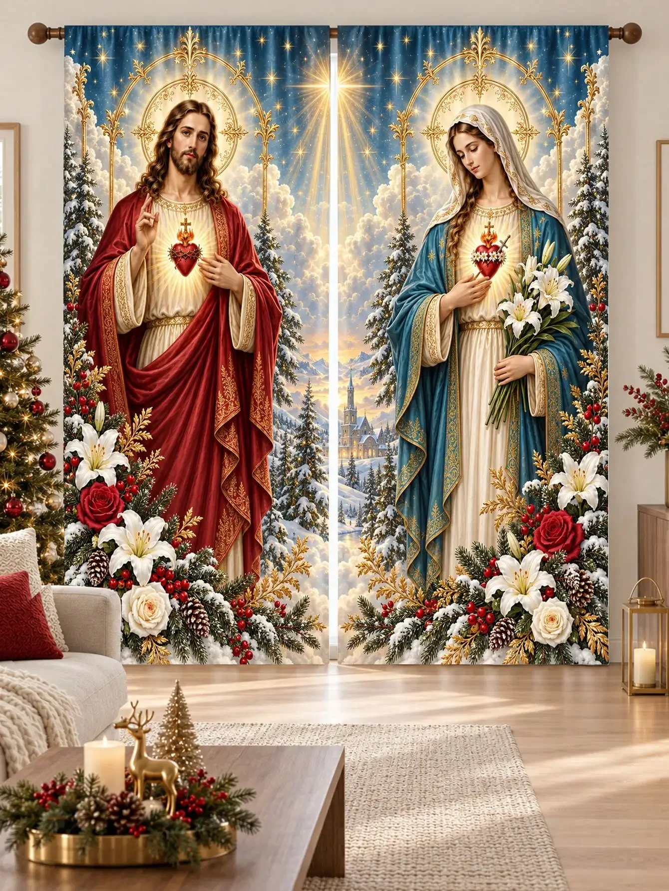 Large Religious Art Window Curtains Christian Faith Sanctuary Decor Divine Imagery for Home Living Room