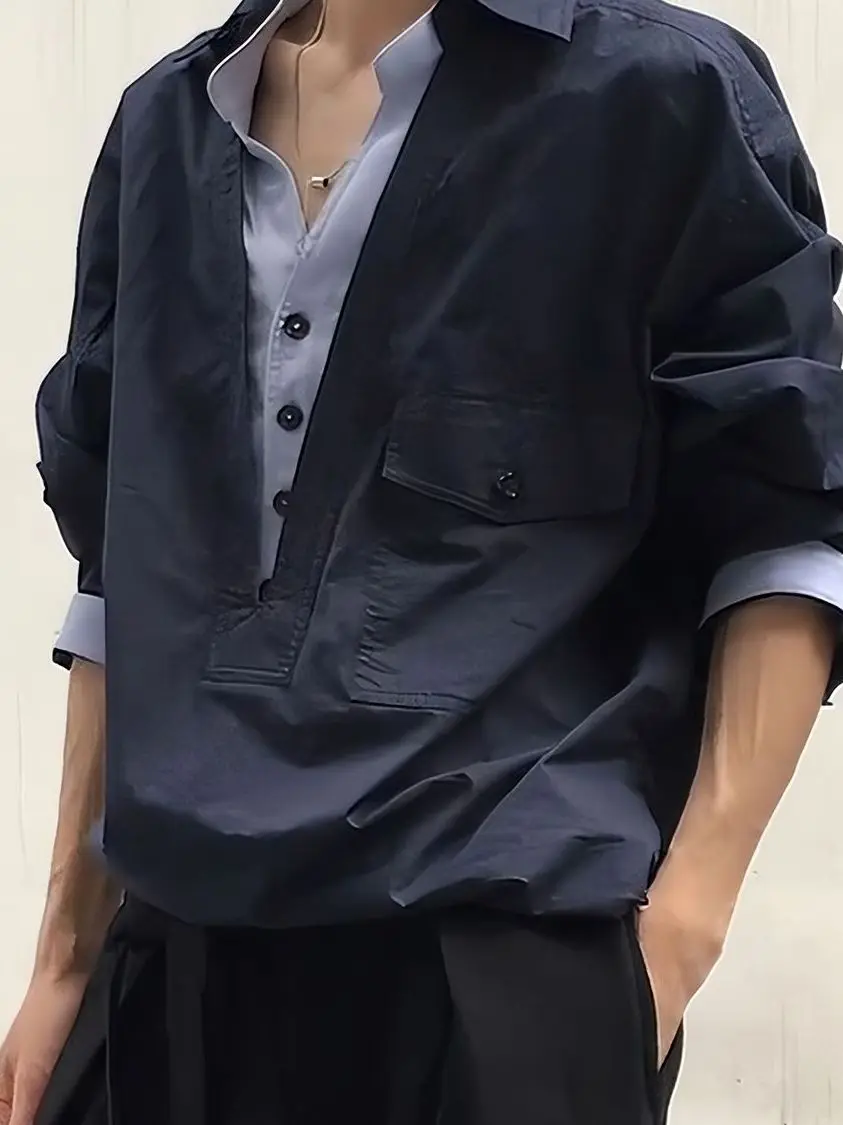 

American Sle Long Sve V-Ne Loose Men's irt Spring Autumn New Loose High-End Feeling Old Money Sle irt Coat