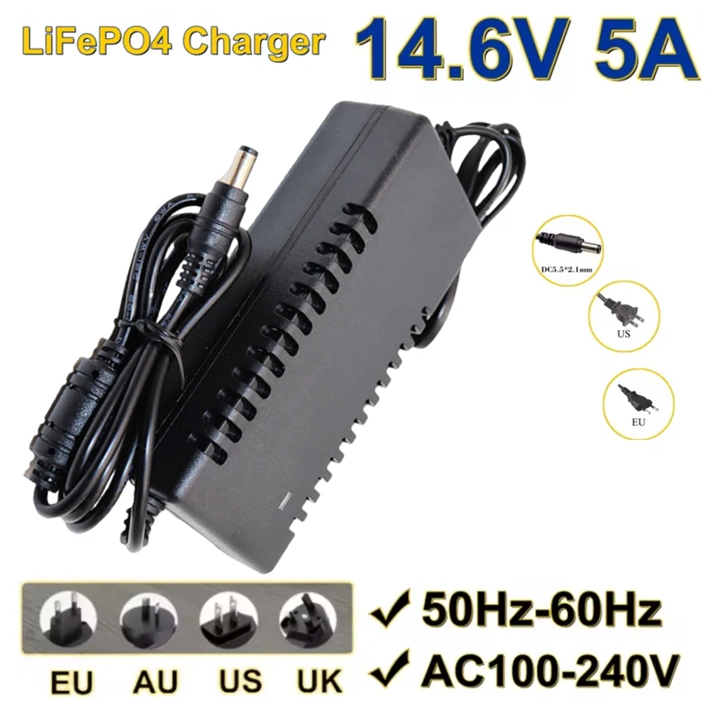 Brand new 14.6V 5A LiFePO4 charger 12V lithium iron phosphate battery charger 12.8V 14.4V power adapter DC5.5mm*2.1MM