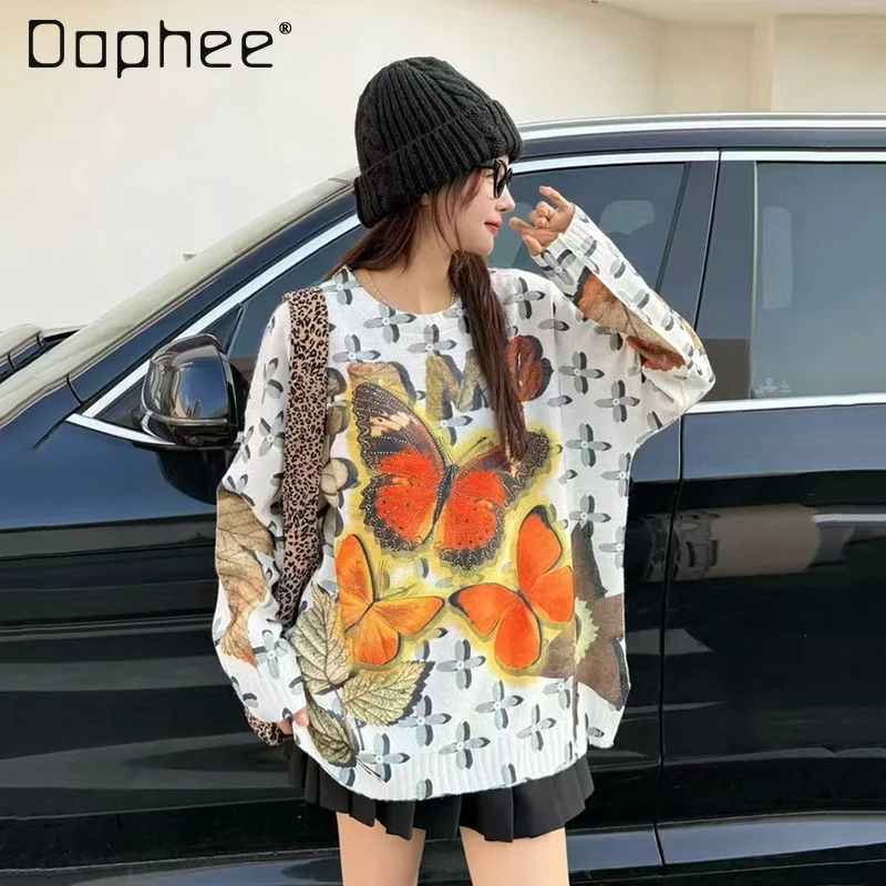 

Женский свитер с круглым вырезом и принтом бабочки, новинка 2025 года, мягкий вязаный топ с длинными рукавами для осени и зимы, свитер большого размера